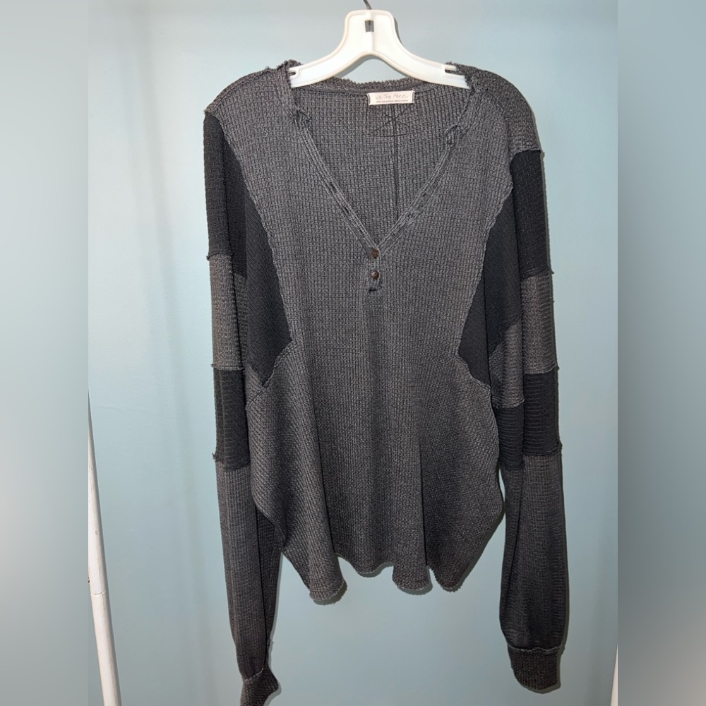 Free People Gray Henley Long Sleeve Top